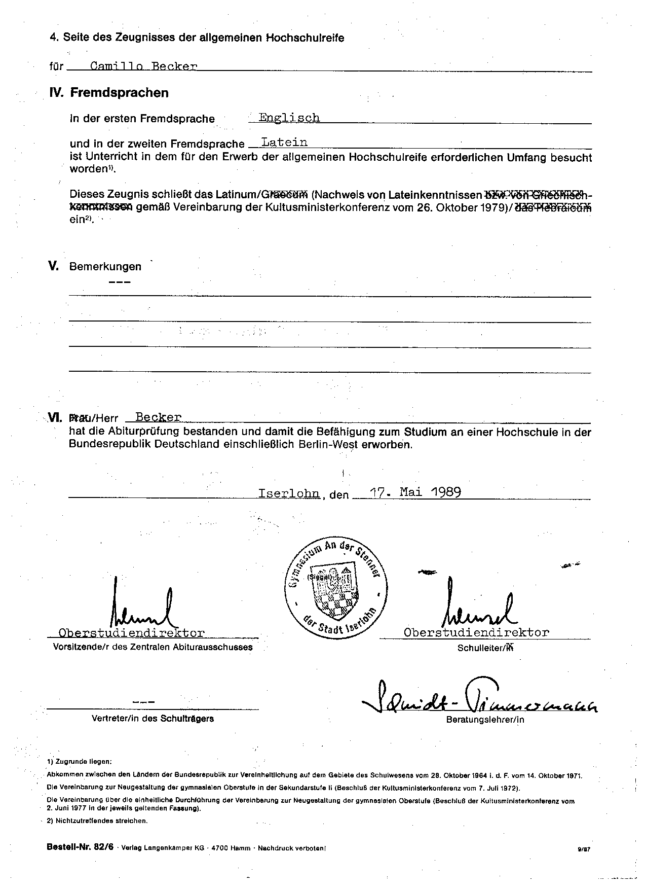 Abiturzeugnis Seite 4