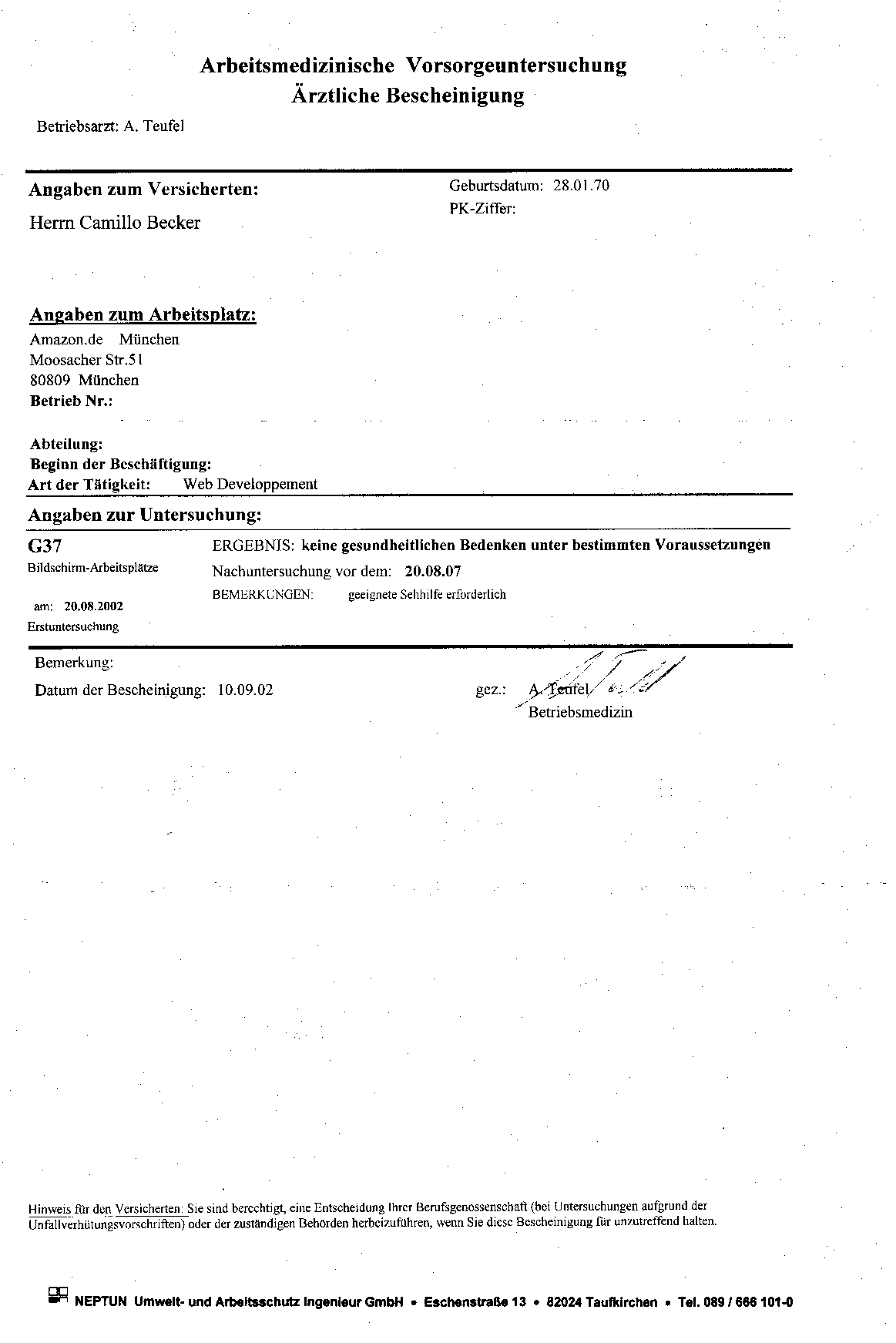 arbeitsmedizinische Untersuchung