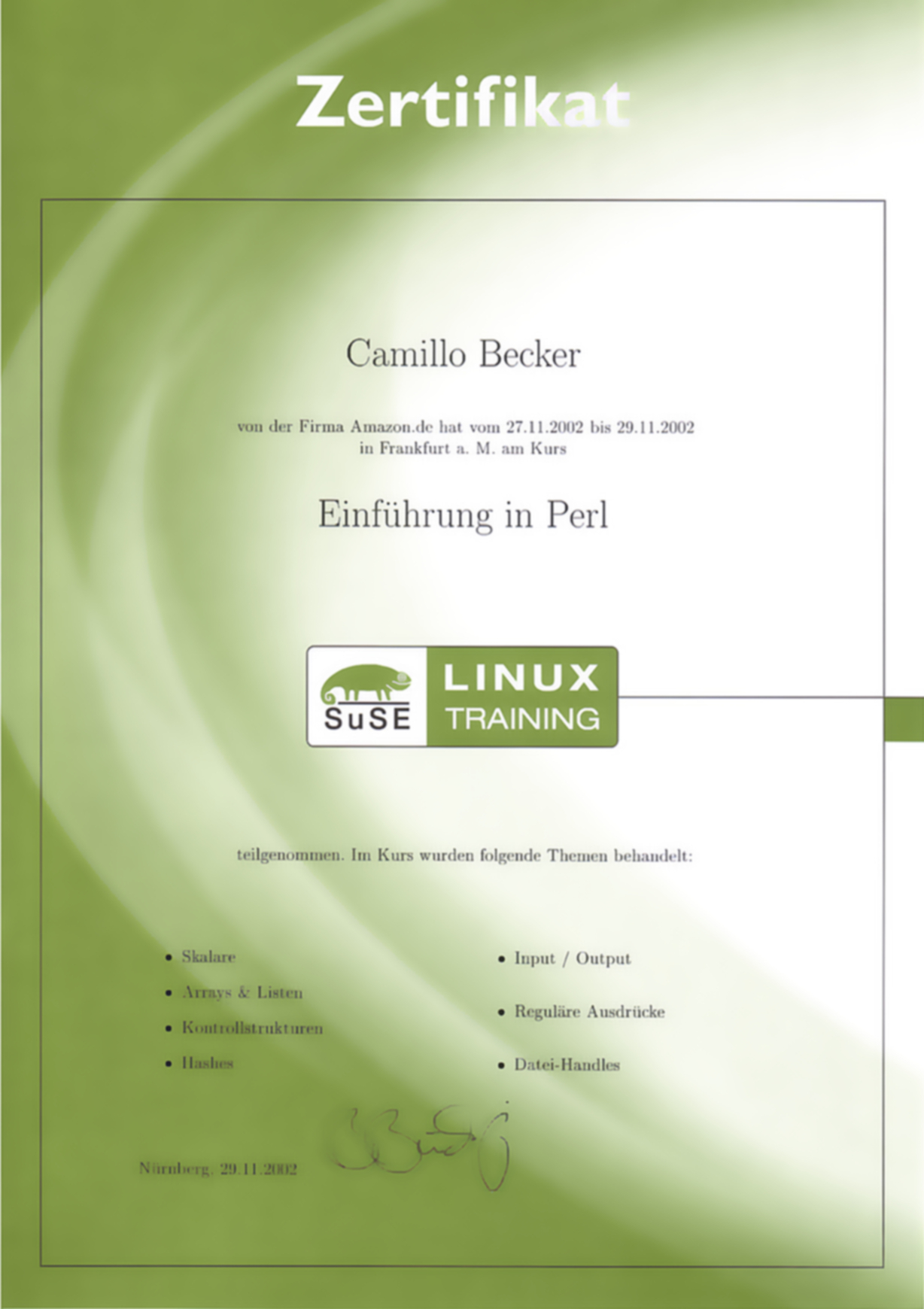 Zertifikat Perl-Kurs