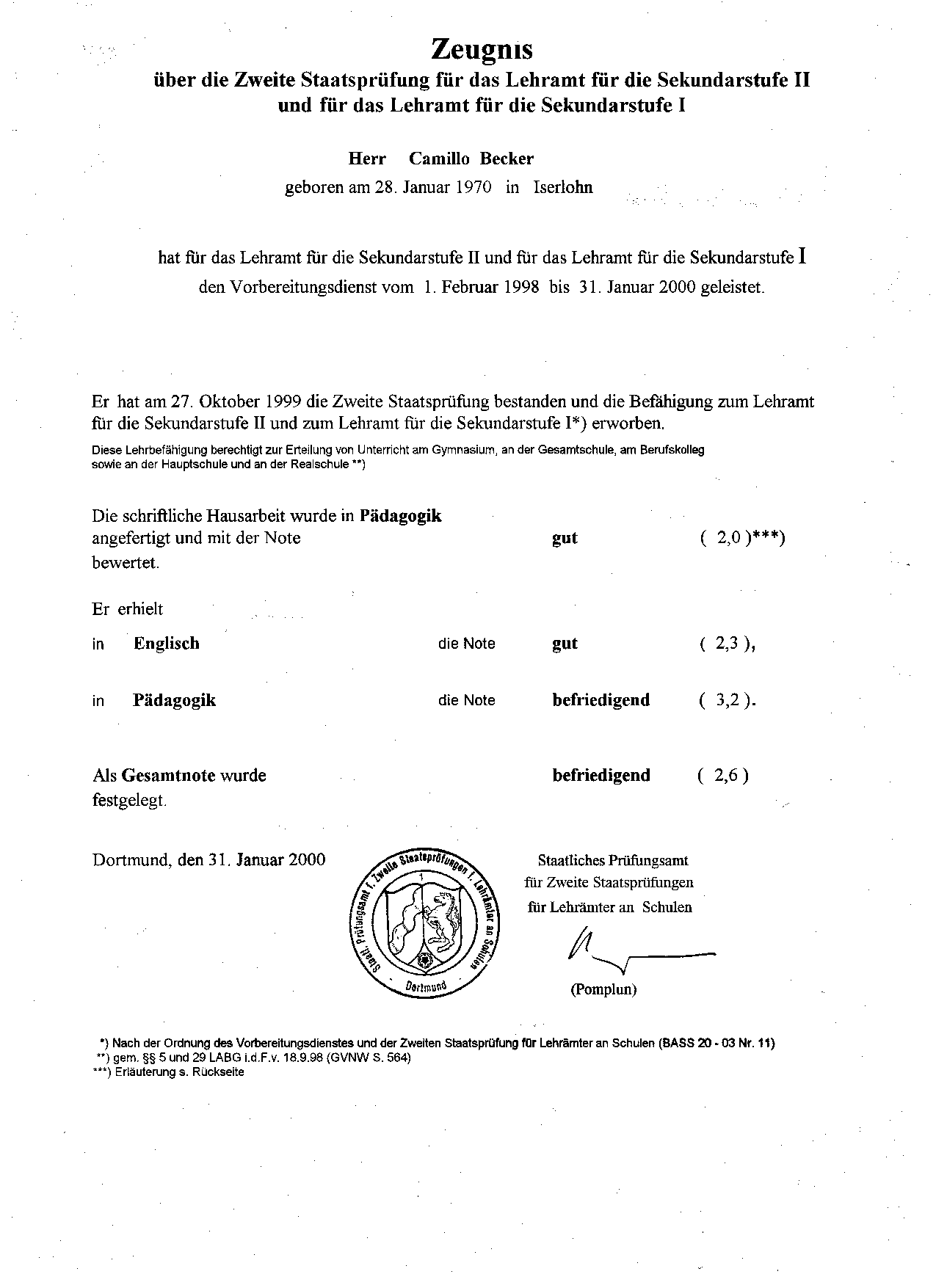 Zeugnis Zweites Staatsexamen